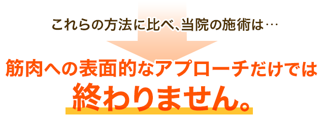 これらの方法に比べ、当院の施術は…筋肉への表面的なアプローチだけでは終わりません。